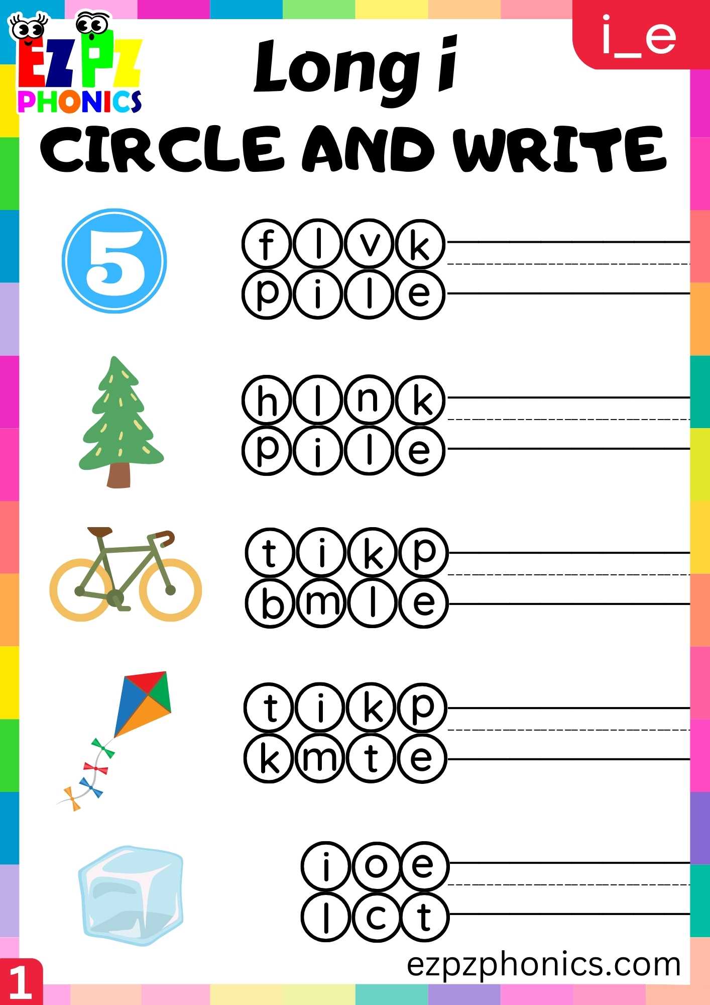 Group1 I_E Words Circle And Write Long I Phonics Worksheet